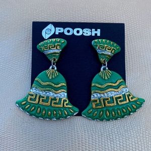 Large Vintage Green Gold Silver Bell Drop Post Back Earrings